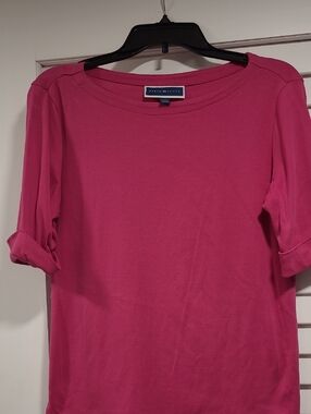 Karen Scott Bright Pink Roll-Sleeve Boatneck Top
